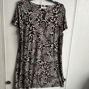 Calvin Klein Leopard Print Short Sleeve Shift Dress - Black Beige Brown